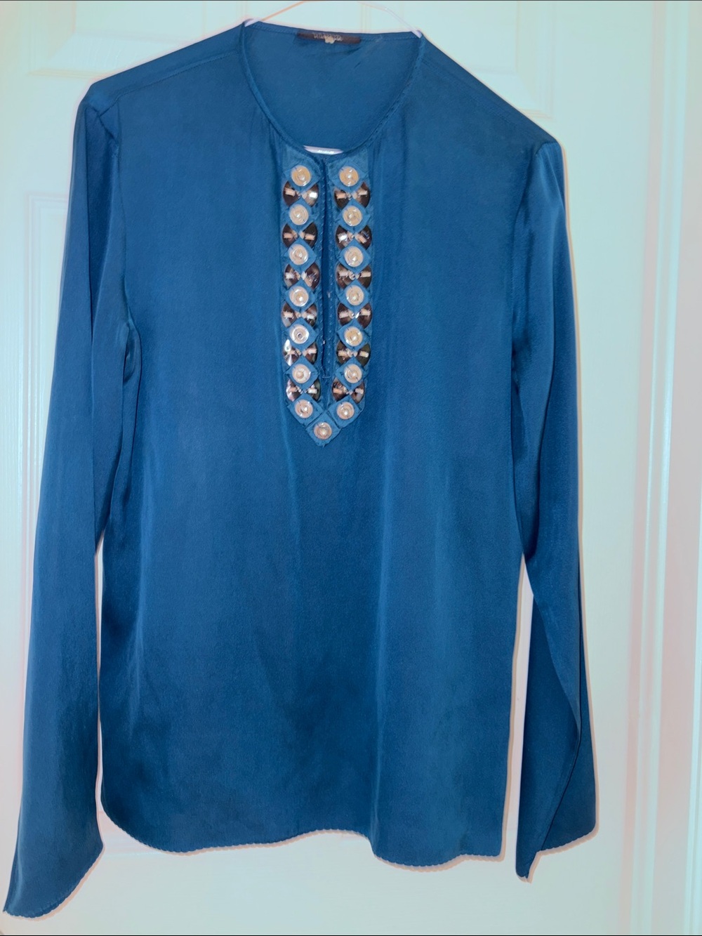 Elie Tahari Teal Beaded Long-Sleeve Tunic Blouse